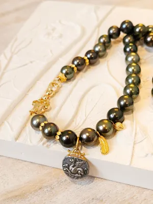 18k Solid Gold Tahitian Pearl Necklace with 3 Charms Oxidized Sterling Silver Coin in 24k Gold