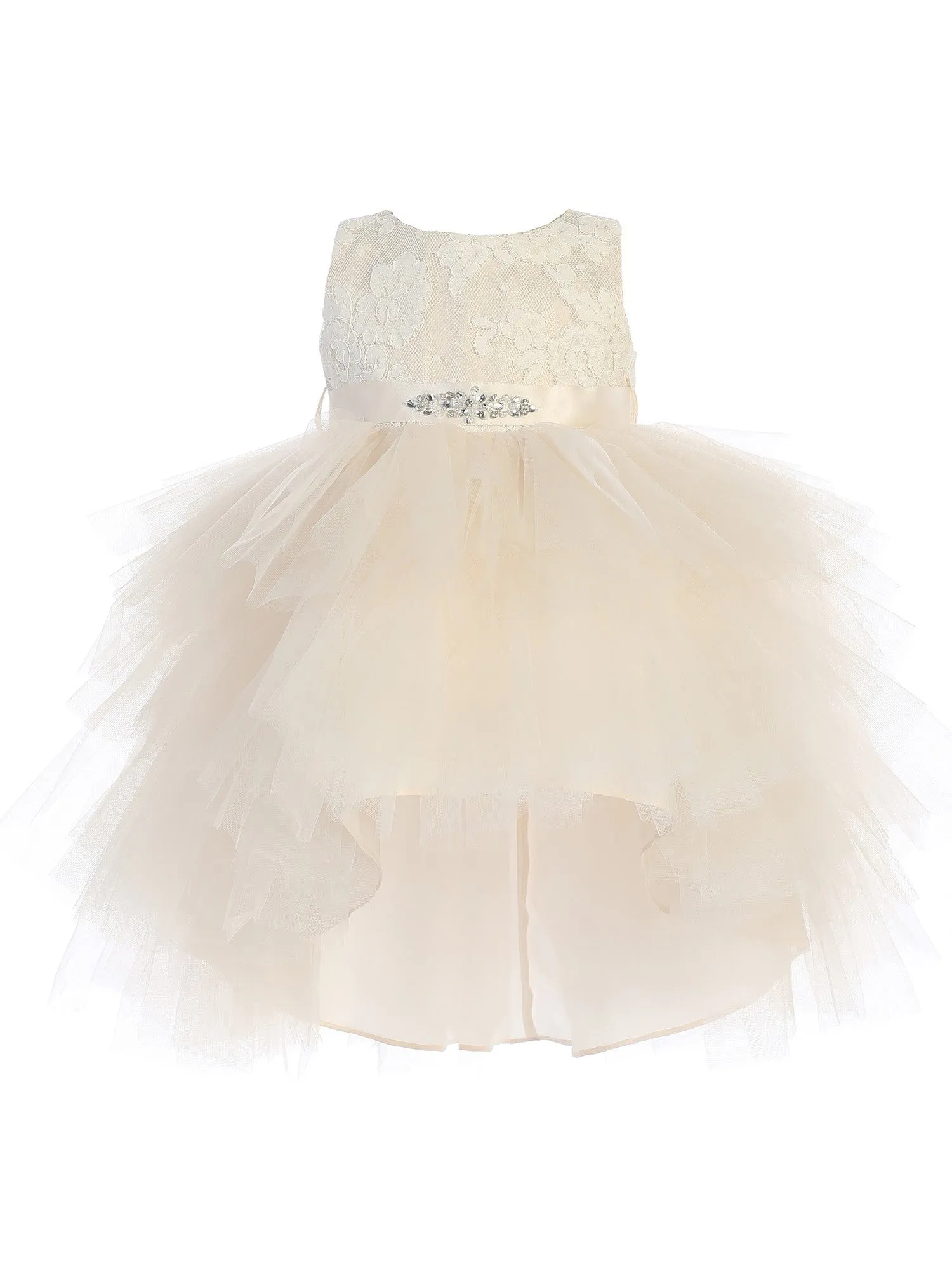 Baby Girls Champagne Lace Bodice Beaded Sash Hi-Low Flower Girl Dress 6-24M