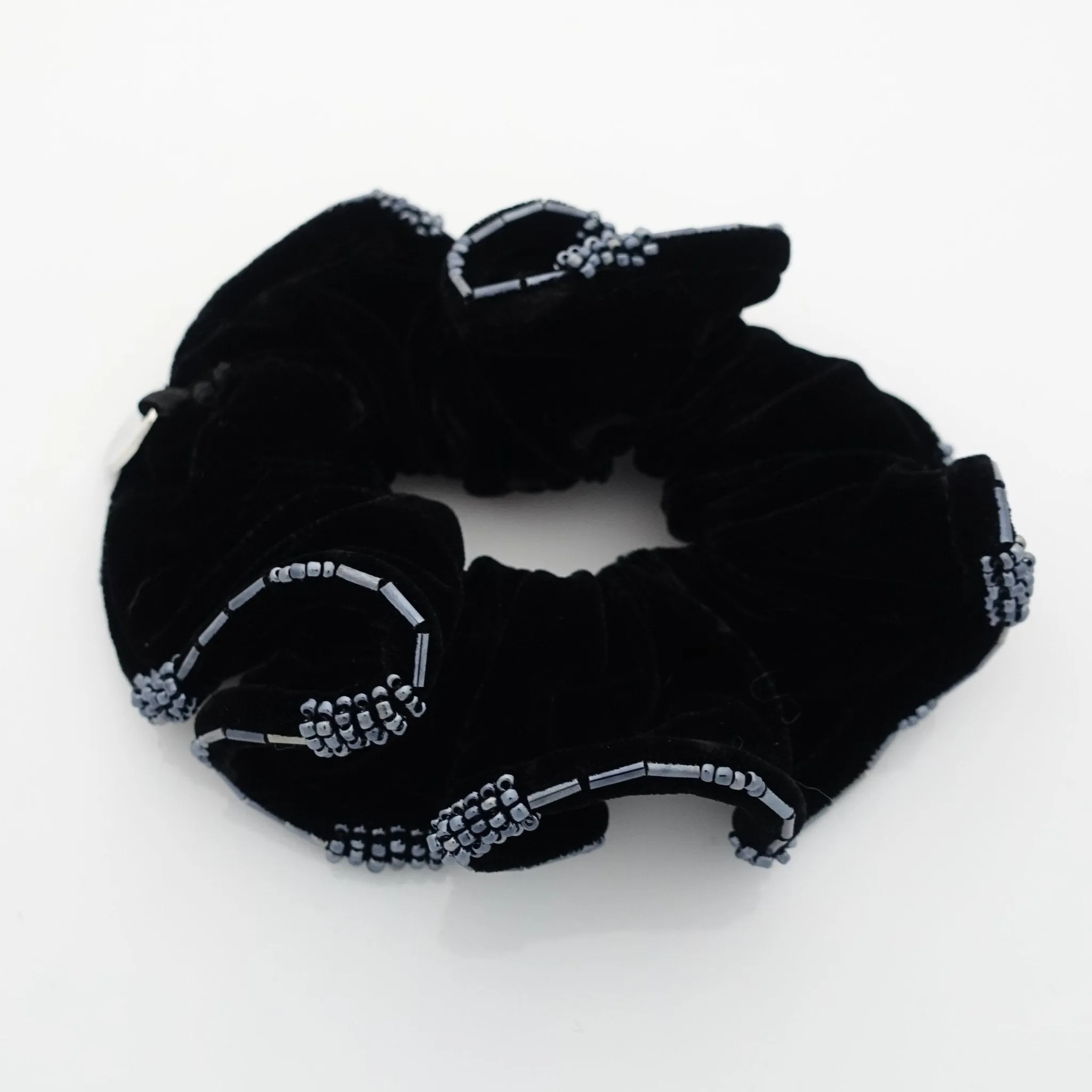 Beaded Trim Luxury Silk Velvet Hair Elastic Black Scrunchies