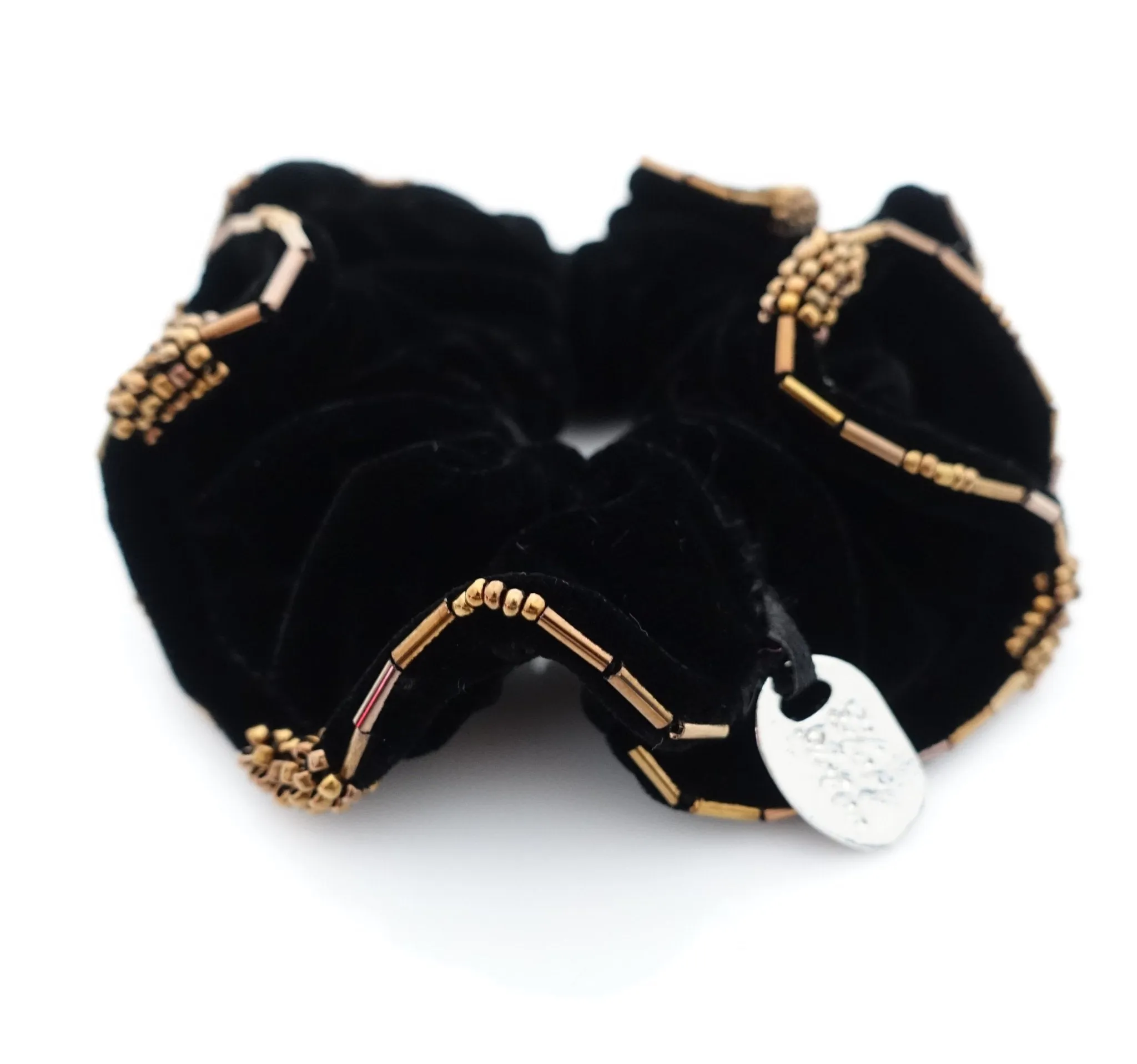 Beaded Trim Luxury Silk Velvet Hair Elastic Black Scrunchies