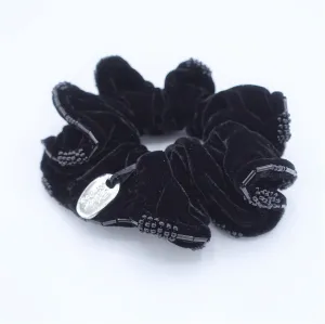 Beaded Trim Luxury Silk Velvet Hair Elastic Black Scrunchies