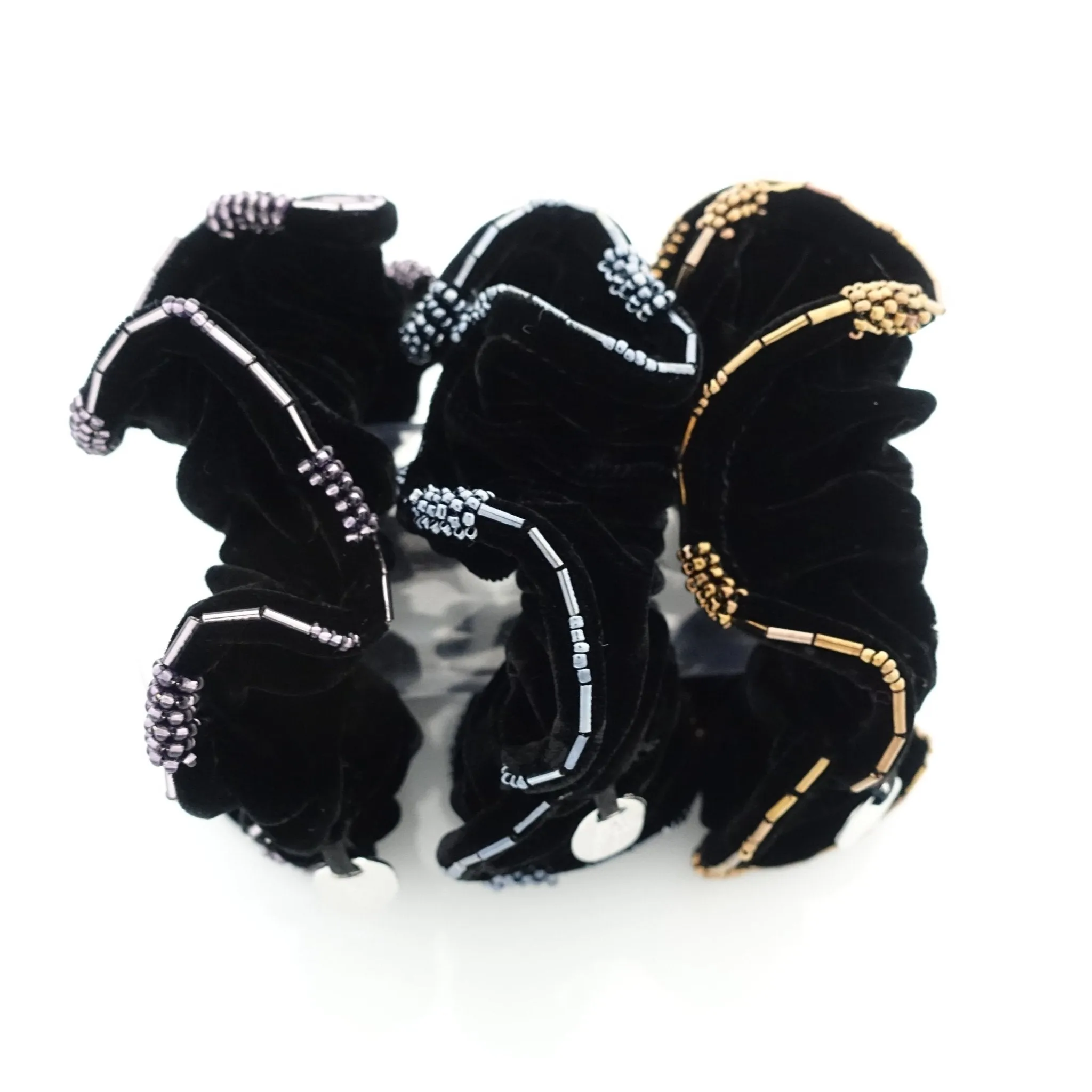 Beaded Trim Luxury Silk Velvet Hair Elastic Black Scrunchies