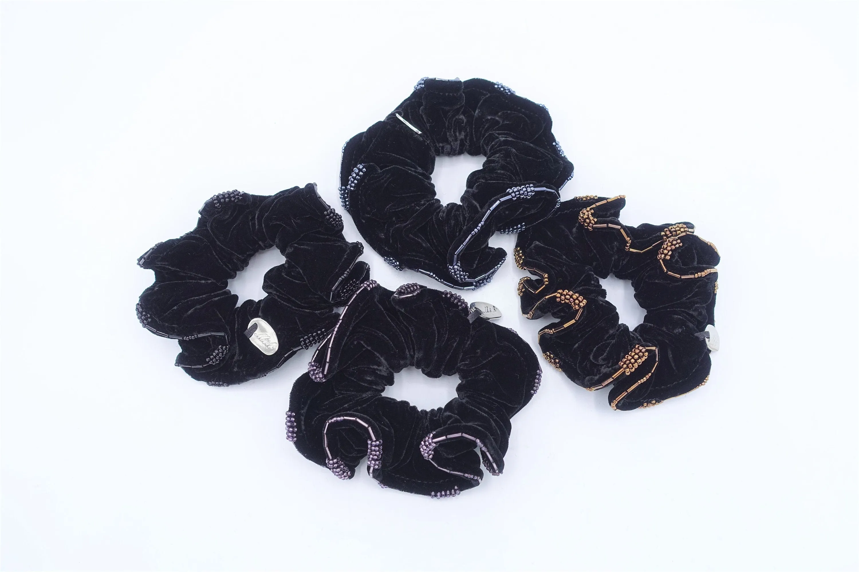 Beaded Trim Luxury Silk Velvet Hair Elastic Black Scrunchies