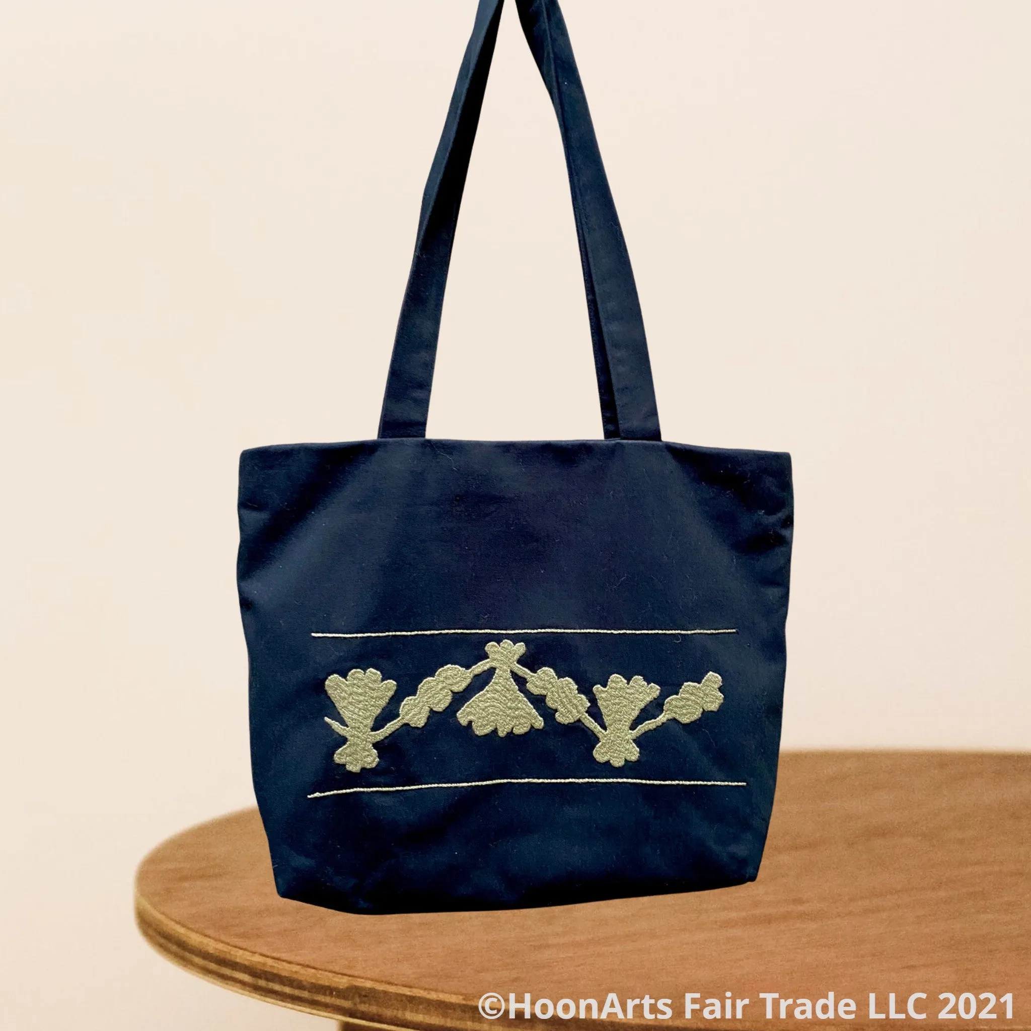 Black & Taupe Hand Embroidered "Retro" Tote Bag