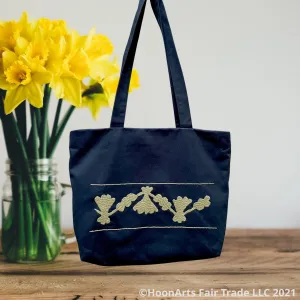 Black & Taupe Hand Embroidered "Retro" Tote Bag