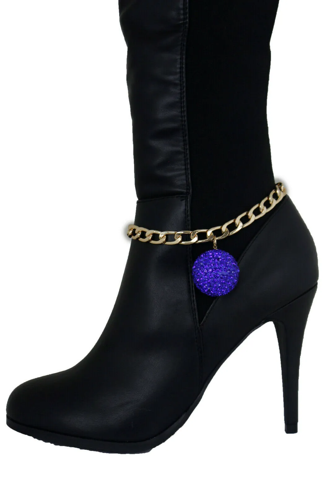 Gold Metal Chain Boot Bracelet Blue Disco Ball Shoe Charm