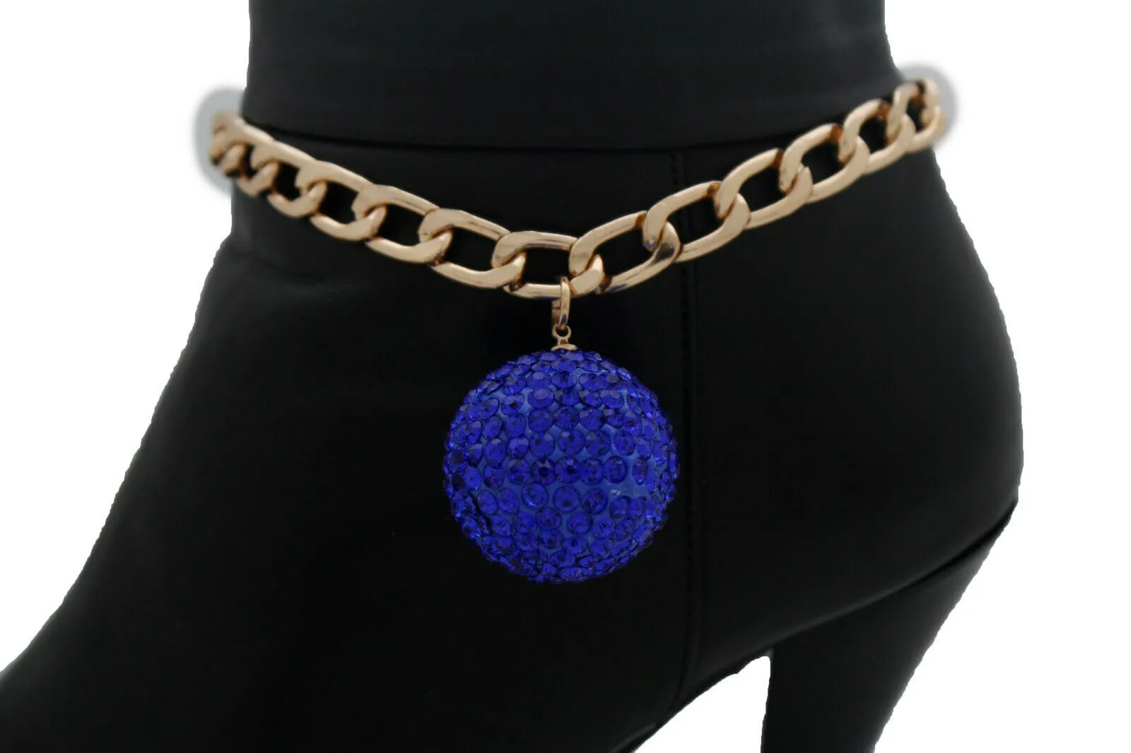 Gold Metal Chain Boot Bracelet Blue Disco Ball Shoe Charm