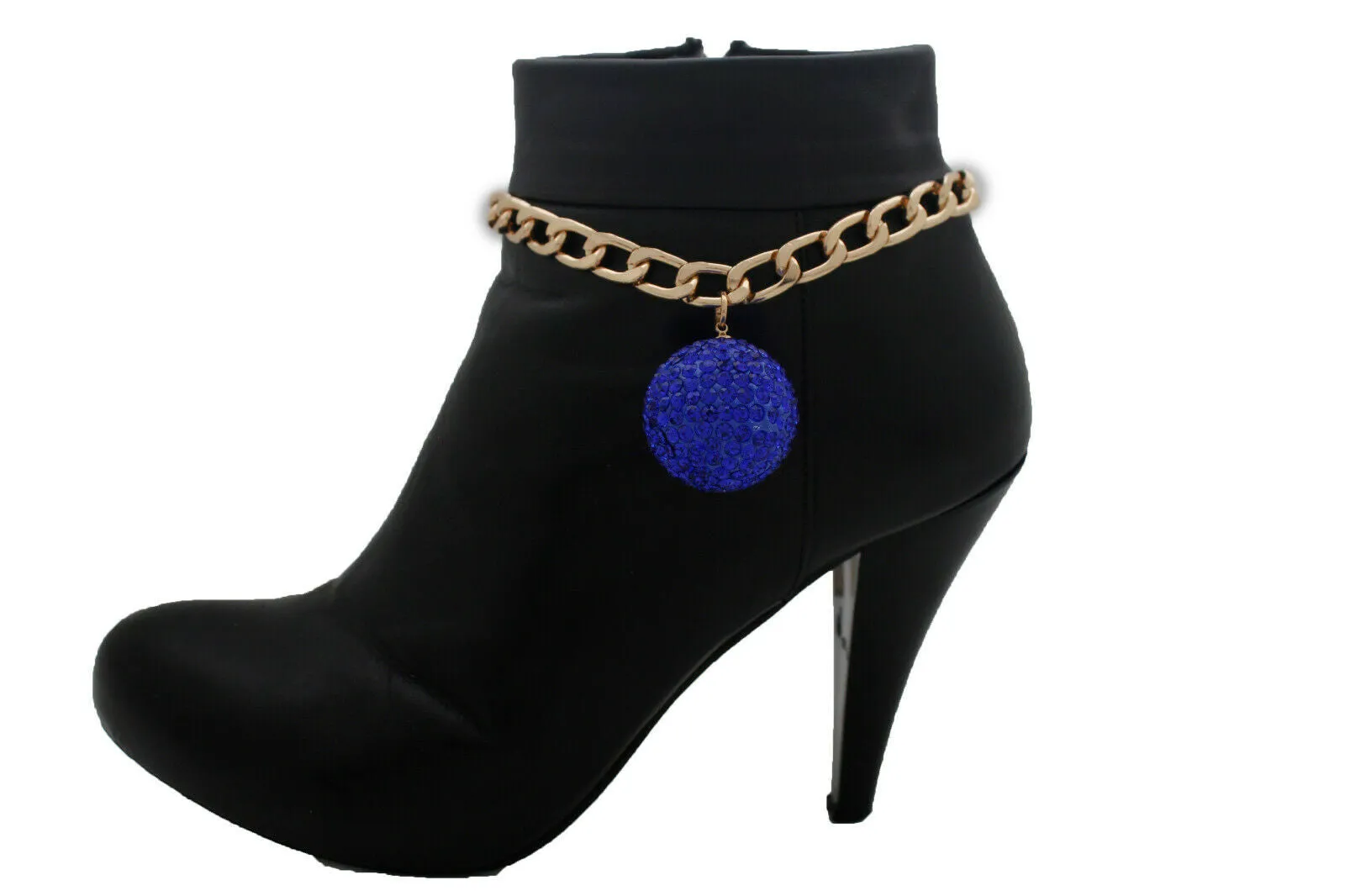 Gold Metal Chain Boot Bracelet Blue Disco Ball Shoe Charm