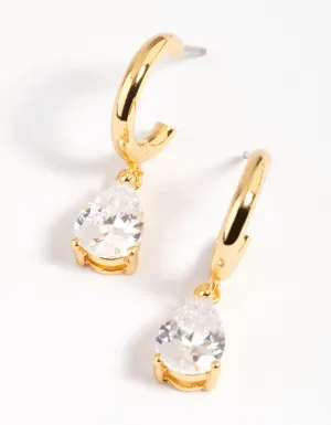 Gold Plated Cubic Zirconia Teardrop Huggie Hoop Earrings