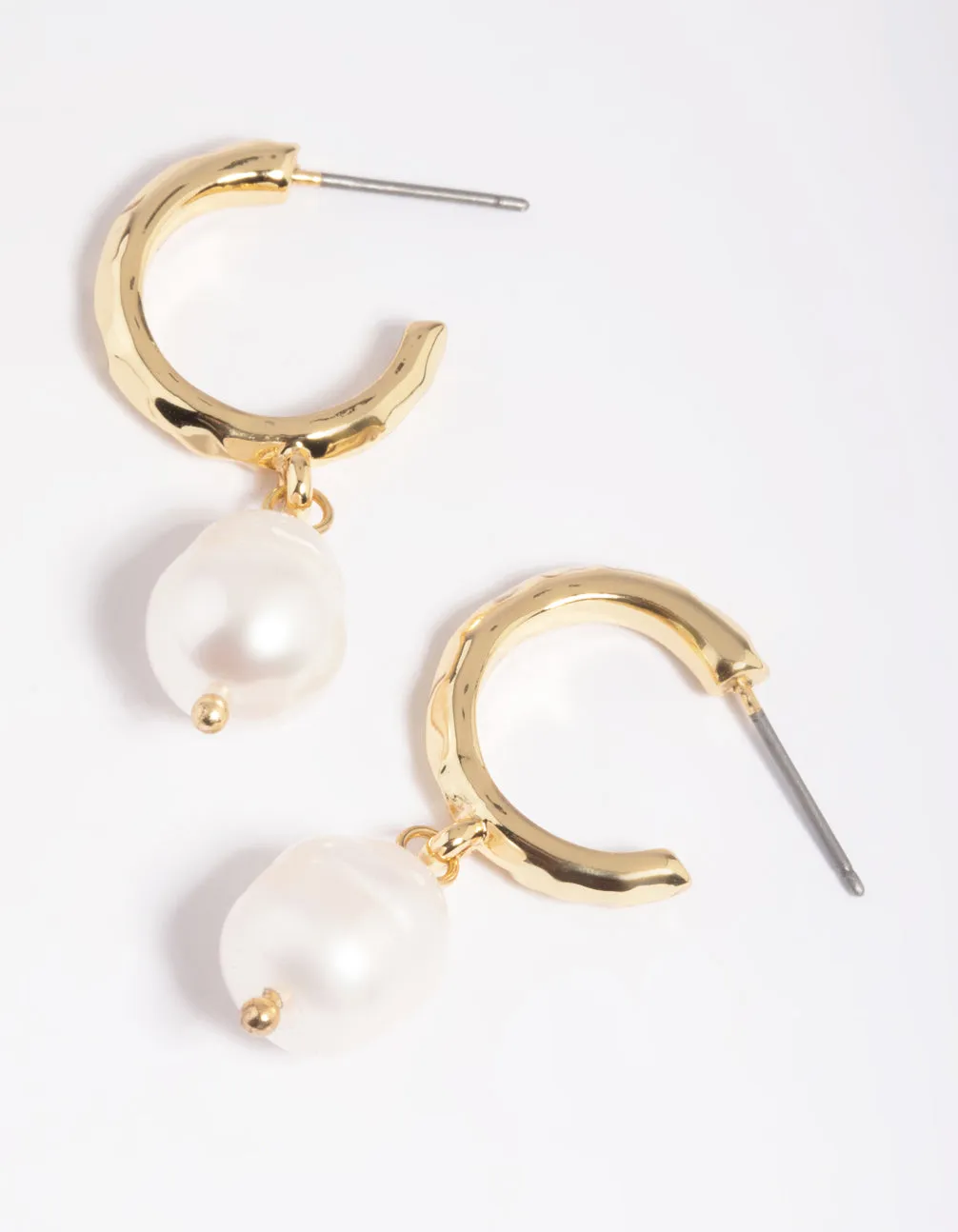 Gold Plated Freshwater Pearl Molten Hoop Earrings