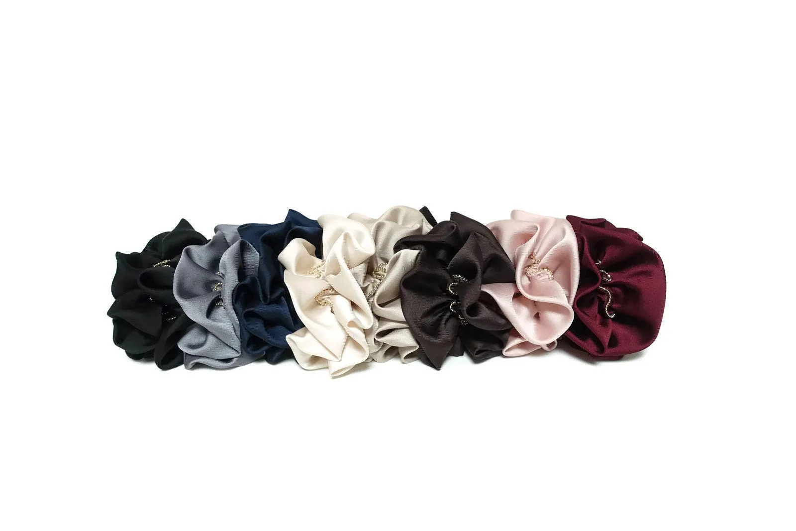 golden zipper chain decorated satin scrunchy soft glossy woman hair scrunchies