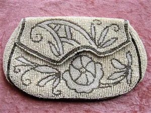 GORGEOUS 1920s Art Deco Belgium Beaded Purse Evening Bag,Taupe Ivory White Glass Micro Beads,Flapper Era Collectible Antique Purses, Bridal