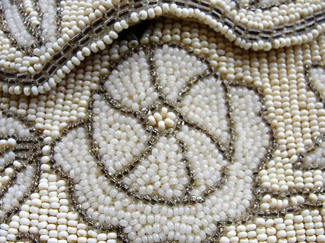 GORGEOUS 1920s Art Deco Belgium Beaded Purse Evening Bag,Taupe Ivory White Glass Micro Beads,Flapper Era Collectible Antique Purses, Bridal