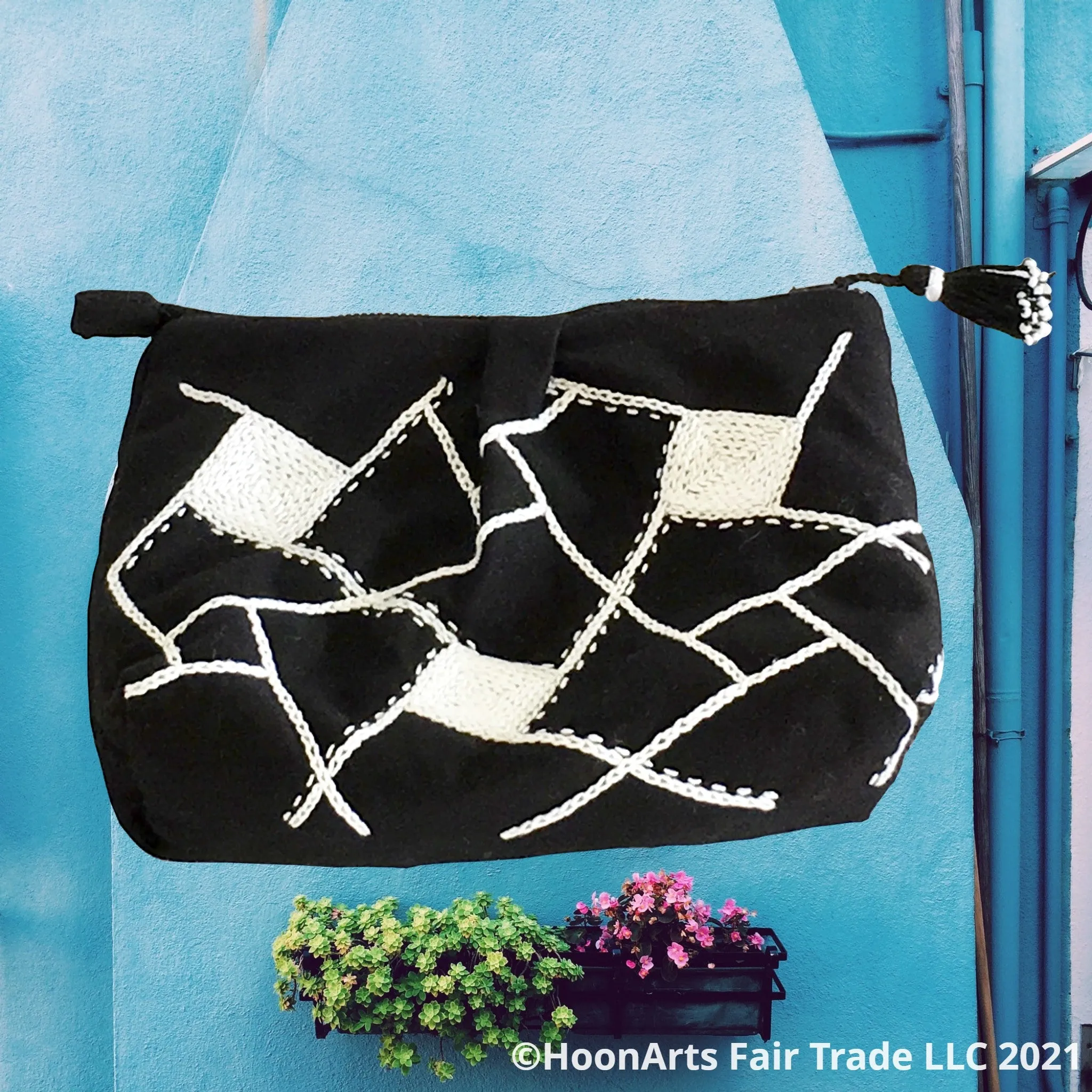 Hand Embroidered Black & White Geometric Clutch