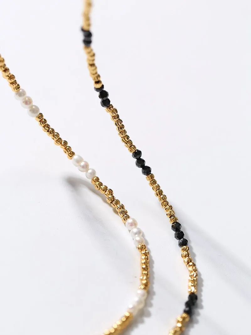 Handmade Black Spinel Golden Bean Mini Beaded Necklace