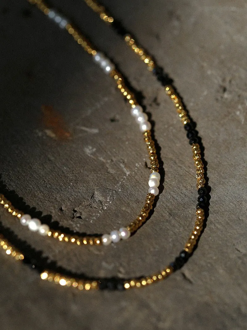 Handmade Black Spinel Golden Bean Mini Beaded Necklace