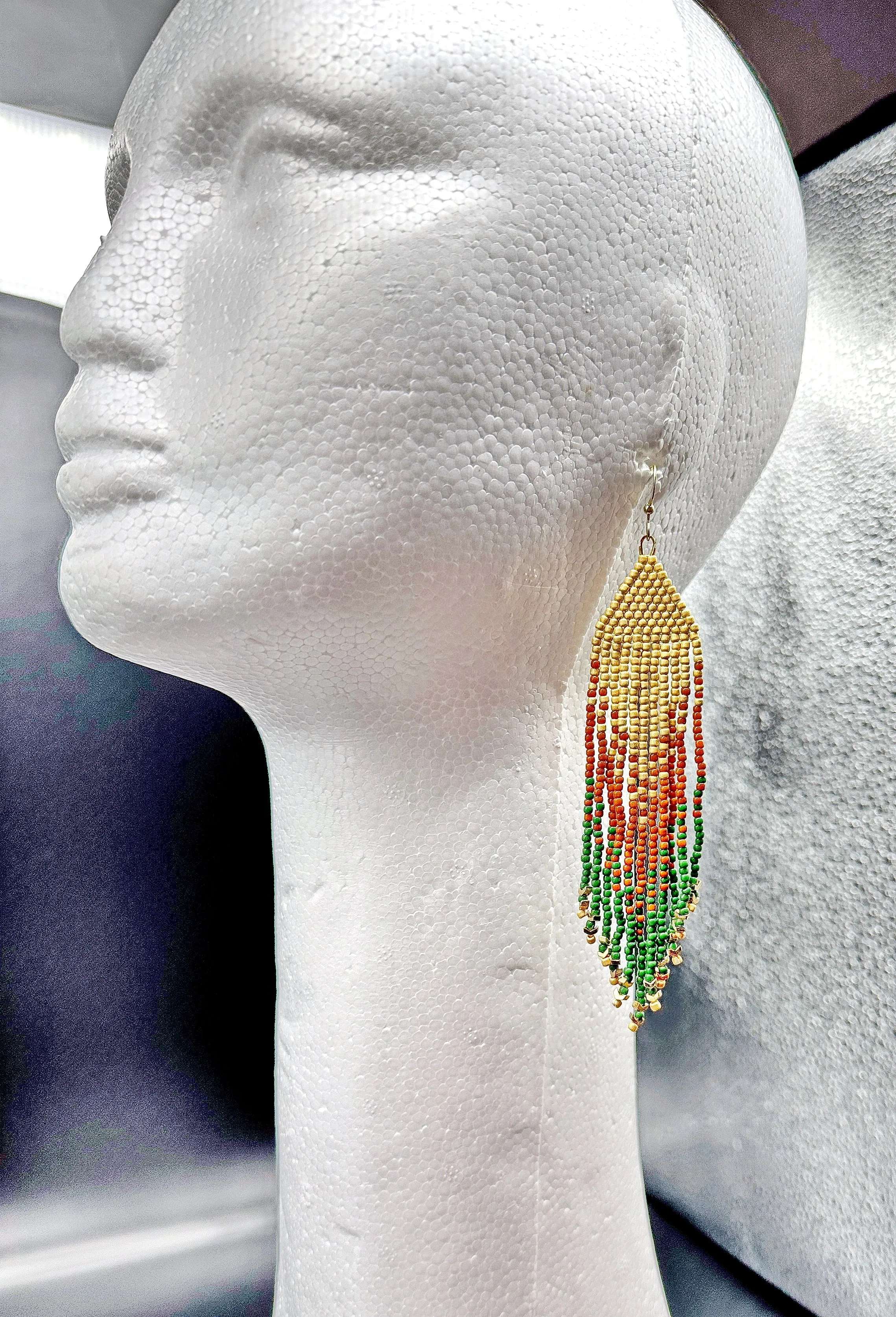 Indigenous Handcrafted Beaded Earrings - 'Feather' - Tan