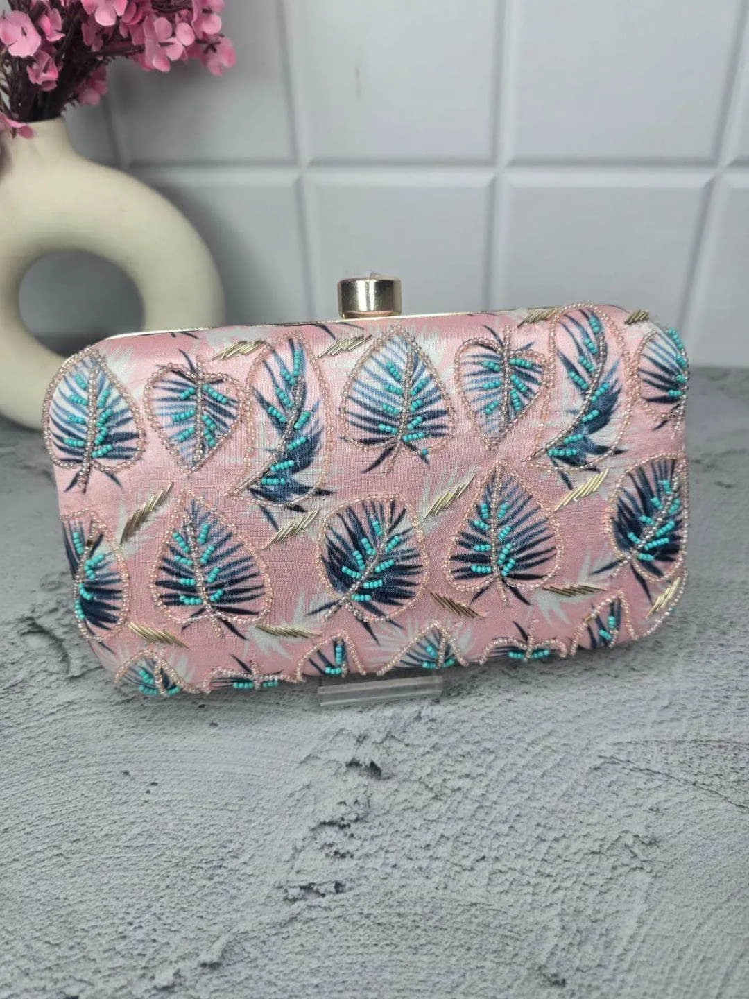 New Designer Printed Clutch With Beautiful Rose Knob