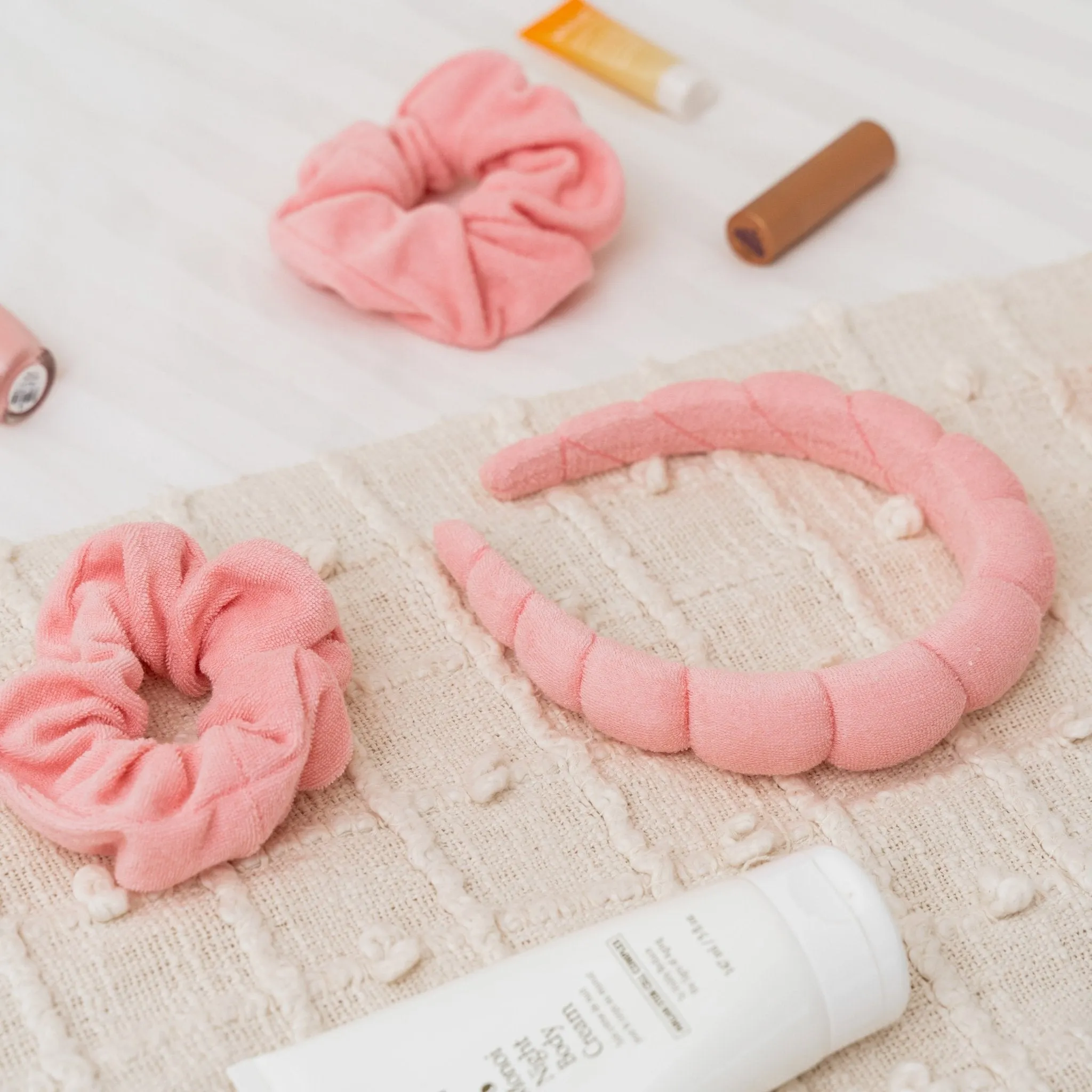 Puffy Spiral Terry Cloth Padded Spa Headband and Scrunchie Wristbands