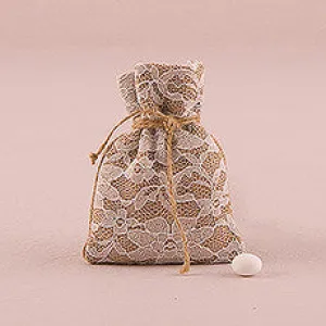 RUSTIC CHIC BURLAP AND LACE DRAWSTRING FAVOUR BAG (12/pkg)