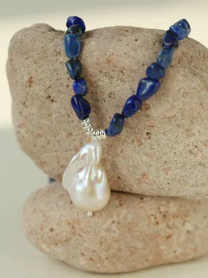 Stunning Lapis Lazuli Baroque Pearl Pendant Necklace